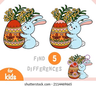 Find differences educational game for children, Easter illustration. Rabbit and colored egg and mimosa flowers