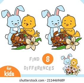 Find differences educational game for children, Easter illustration. Bird and rabbit and basket with colored eggs
