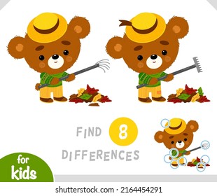 Find differences educational game for children, Cute bear cleans autumn leaves with a rake