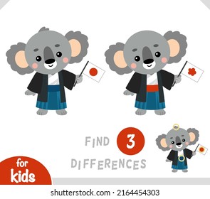 Find differences, educational game for children, Cute koala in kimono and japanese flag