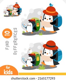 Encontrar diferencias, juegos educativos para niños, viajeros de los Pingüinos Cute van de excursión con mochilas