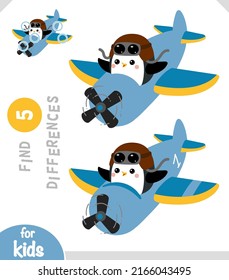 Find differences, educational game for children, Cute penguin pilot is flying on an airplane