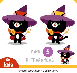 Find Differences, Educational Game For Children, Cute Wizard Cat With Magic Wand