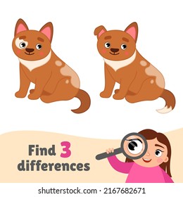 Find differences.  Educational game for children. Cartoon vector illustration cute puppy.