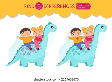 Buscar diferencias.  Juego educativo para niños. Dibujo vectorial de dibujos animados niños lindos montan dinosaurio.