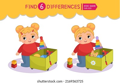 Find differences.  Educational game for children. Cartoon vector illustration cute girl puts the toys in the box.
