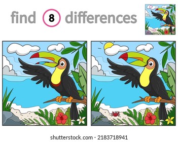 Find differences. educational game for children. vector illustration of cute toucan on the beach