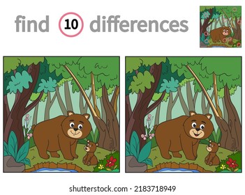 Find differences. educational game for children. vector illustration of cute brown bear in the forest