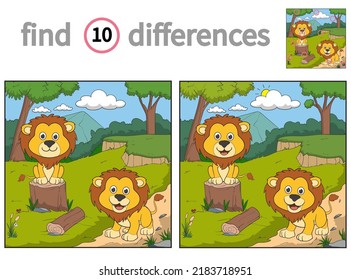 Buscar diferencias. juego educativo para niños. ilustración vectorial del hermoso león