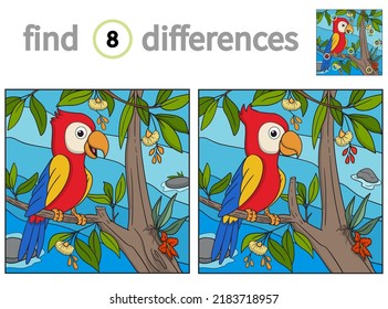 Find differences. educational game for children. vector illustration of cute parrot on forest background