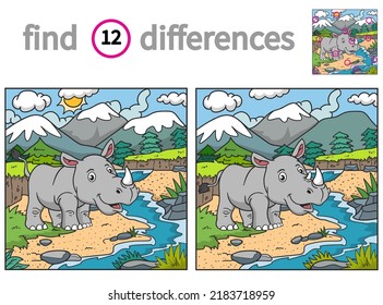 Find differences. educational game for children. vector illustration of rhino in the river