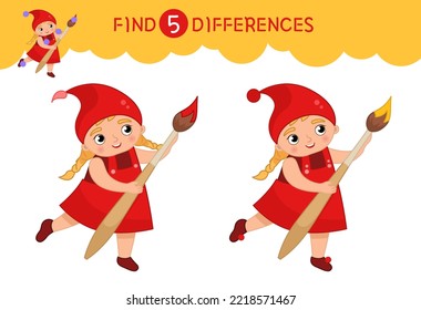 Find differences.  Educational game for children. Cartoon vector illustration of cute girl with brush.