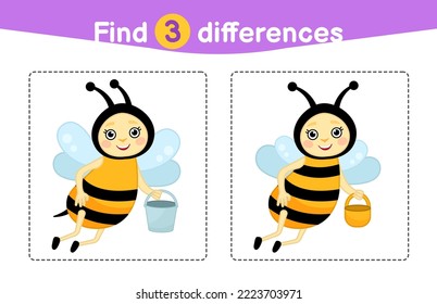 Find differences.  Educational game for children. Cartoon vector illustration of cute bee with a bucket.