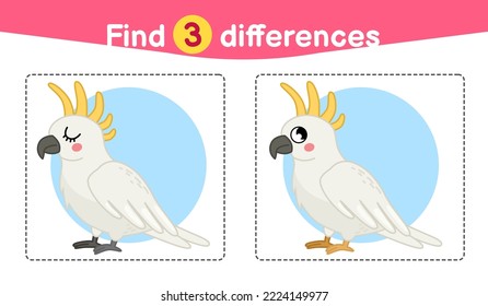 Find differences.  Educational game for children. Cartoon vector illustration of  cute white cockatoo.

