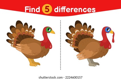 Finden Sie Unterschiede.  Erziehungsspiel für Kinder. Cartoon, Vektorgrafik süßer Truthahn.
