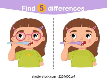 Buscar diferencias.  Juego educativo para niños. Dibujo vectorial de dibujos animados de una chica linda se cepilla los dientes.
