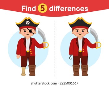 Find differences.  Educational game for children. Cartoon vector illustration of pirate with saber.