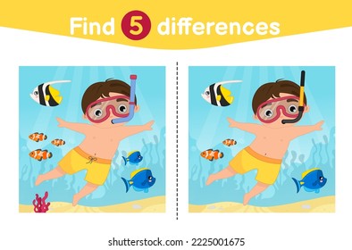 Find differences.  Educational game for children. Cartoon vector illustration of cute boy is diving.
