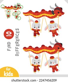 Find differences, educational game for children, Chinese new year characters two rabbits and dragon dance