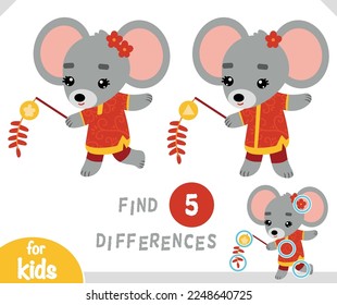 Find differences educational game for children, Rat and chinese new year decoration