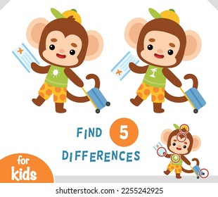 Find differences educational game for children, Cute monkey traveler with suitcase and air ticket