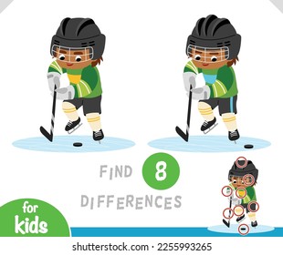 Find differences educational game for children, Boy hockey player with hockey stick and puck