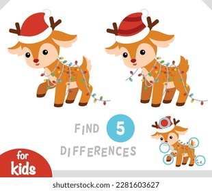 Find differences educational game for children, Cute deer and christmas garland