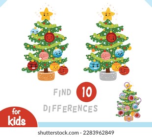 Find differences educational game for children, Christmas tree with cute toys