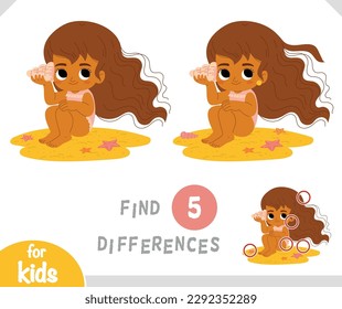 Find differences educational game for children, Cute cartoon girl sits on the beach with a seashell in her hand and listens to the sound of the sea