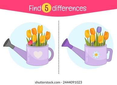 Encuentra las diferencias.  Juego educativo para niños. Ilustración vectorial de dibujos animados. Ilustración vectorial de flores en una regadera.