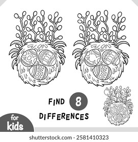 Find differences educational game for children, Easter illustration birds nest and colored eggs and willow