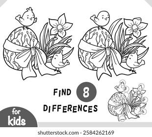 Find differences educational game for children, Easter illustration little birds and colored egg and flowers