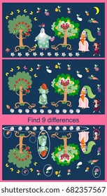 Find differences. Educational game for children. Cute picture with cheerful apple-trees, cucumber, eggplant and carrot.