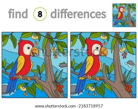 Find differences. educational game for children. vector illustration of cute parrot on forest background