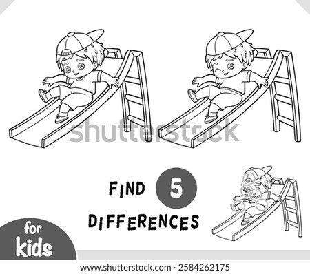 Find differences educational game for children, Boy riding a slide on the playground