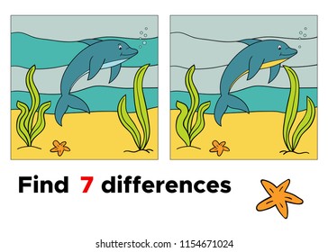 Find differences. Educational game for kids. Cute cartoon dolphin. Underwater world. Vector illustration