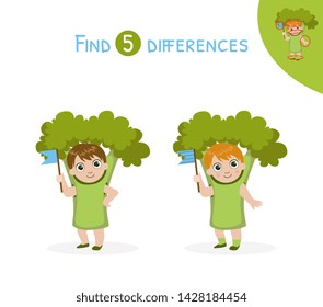 Find Differences, Educational Game for Kids, Cute Girl in Broccoli Costume Vector Illustration