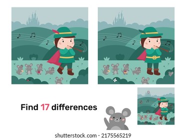 Find differences. Educational game for kids. Classical fairy tale. The pied piper of Hamelin playing flute with mice. Cute kawaii cartoon characters. Puzzle for children. Vector illustration.