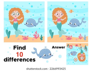 Find differences. Educational game for kids. Cute cartoon mermaid, whale and crab. Fairy tale. Activity worksheet with puzzle. Vector illustration.