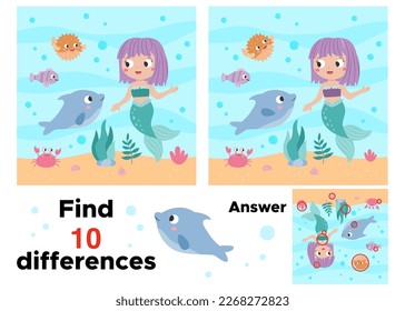 Find differences. Educational game for kids. Cute mermaid with dolphin, fish and crab. Fairy tale characters. Activity worksheet. Vector illustration.