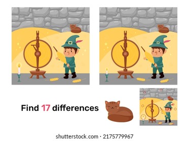 Find differences educational game. Rumpelstiltskin fairy tale. Kawaii cartoon character. Puzzle for children. Vector illustration.