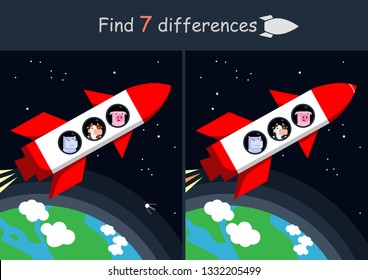 Find differences educational kids game. Space. Vector illustration