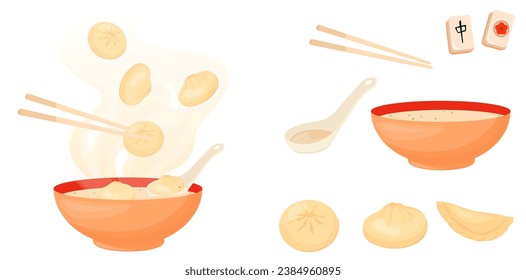 Find differences educational kids game with.  Asian dumplings. Dim sum. Vector stock illustration. isolated on a white background.