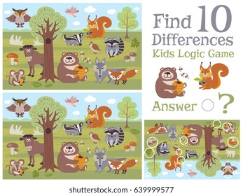 Find Differences Educational Kids Game With Forest Animal Characters Vector Illustration