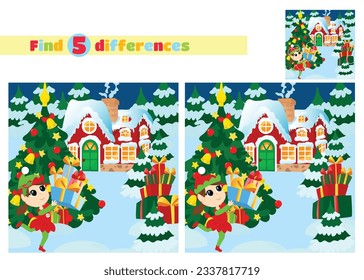 Find the differences. Elf girl running with gifts outside near the Christmas tree. Winter landscape near Santa's snowy house. Mood of happiness. 