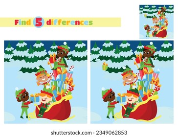 Find the differences. Elves near Santa's sleigh. The festive transport is loaded to the brim with gifts. Children are joyful and happy. Festive illustration in cartoon style.