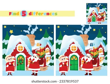 Find the differences. Evening scene in front of Santa Claus' house. Santa and Mrs. Santa stand in front of the door and invite you inside. Festive illustration in cartoon style.