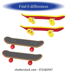 Find differences ( fingerboard - small copy of skateboard ) for children. Vector illustration 