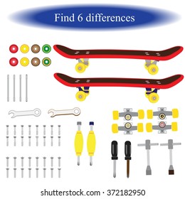 Find differences ( fingerboard - small copy of skateboard ) for children.  Fingerboard and spare parts. Vector illustration 