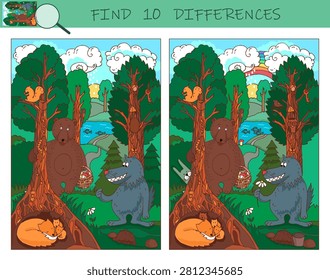 Find the differences game. Animals in the forest. Landscape. Hidden object puzzle game. Sketch vector illustration.